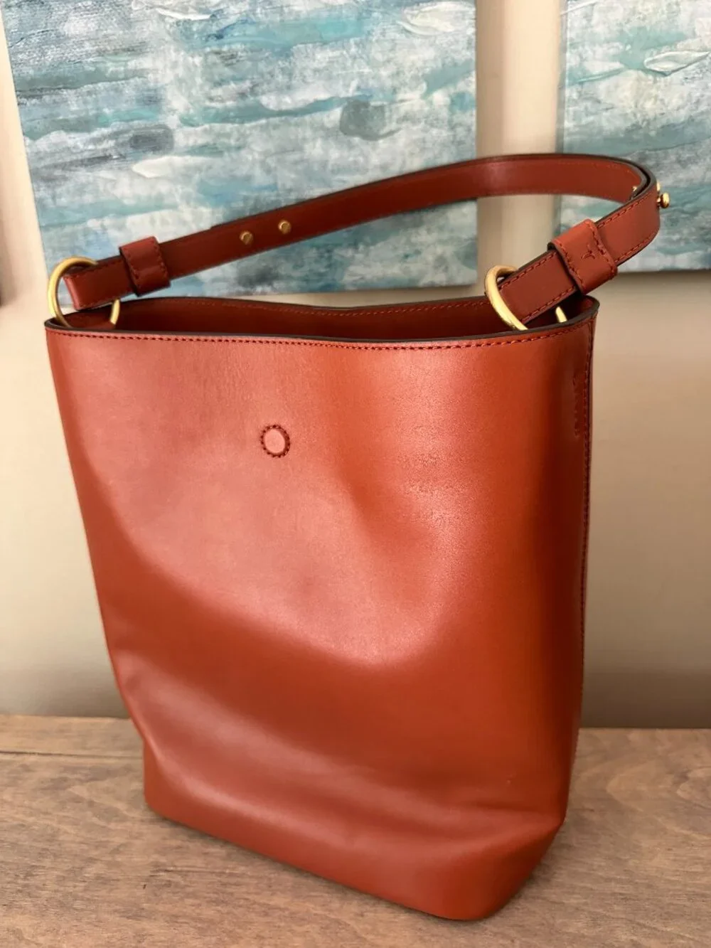 Tory Burch Miller Leather Bucket Bag Brown Shoulder Bag Large Logo Medallion